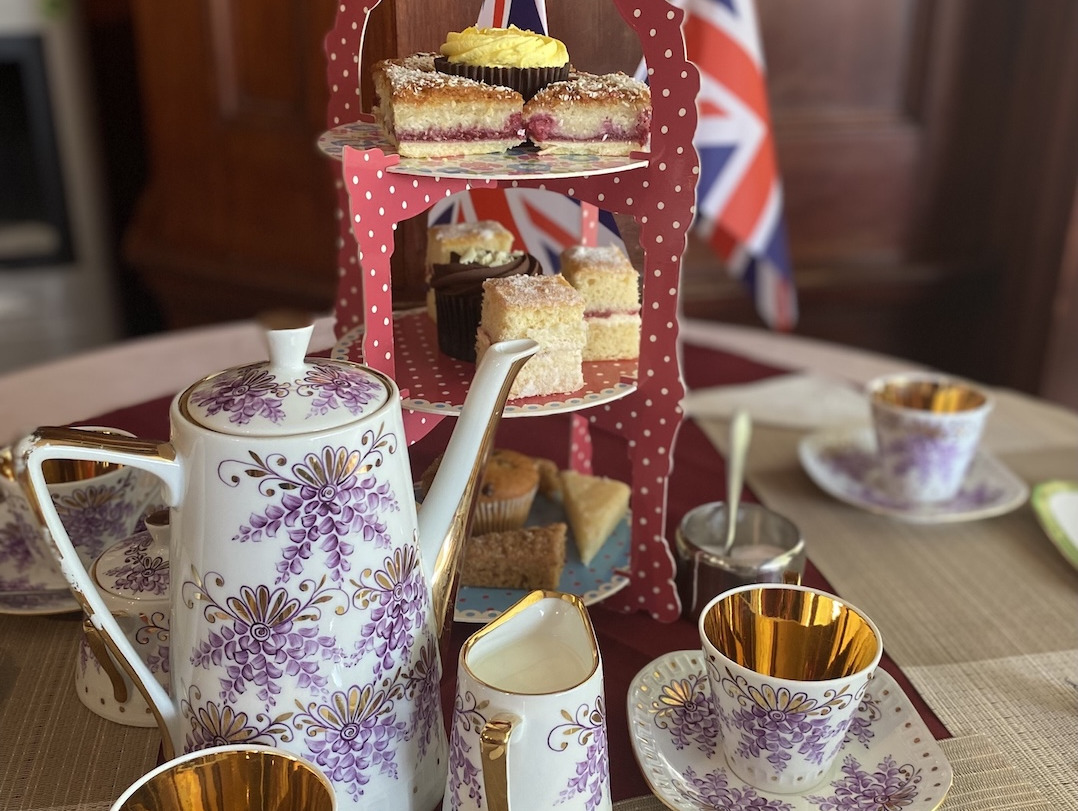 A display of an afternoon tea with cakes and teapot