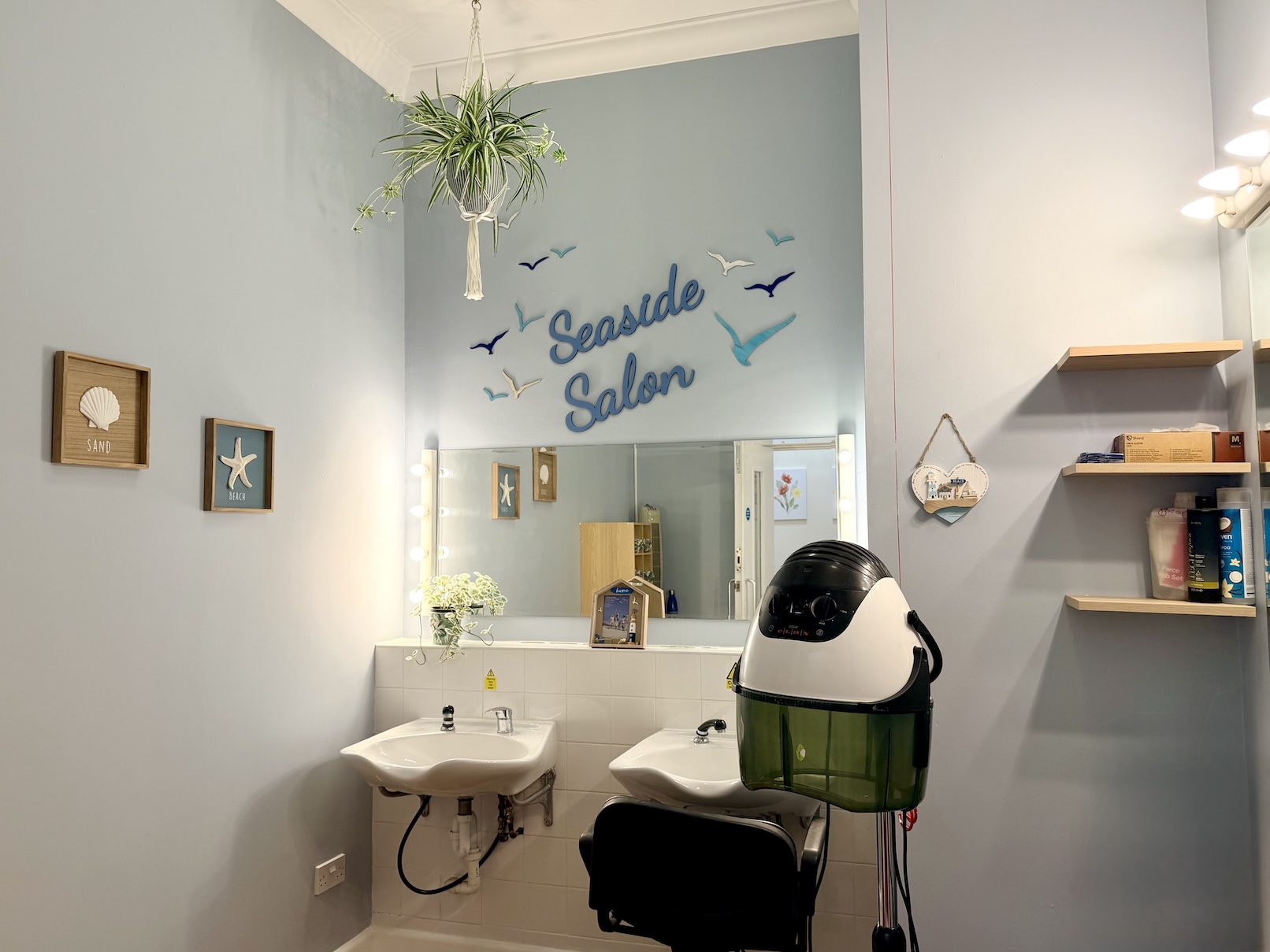 Green hair salon with mirror, sink and hairdryer