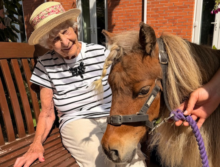 An older woman smiling with a miniature horse