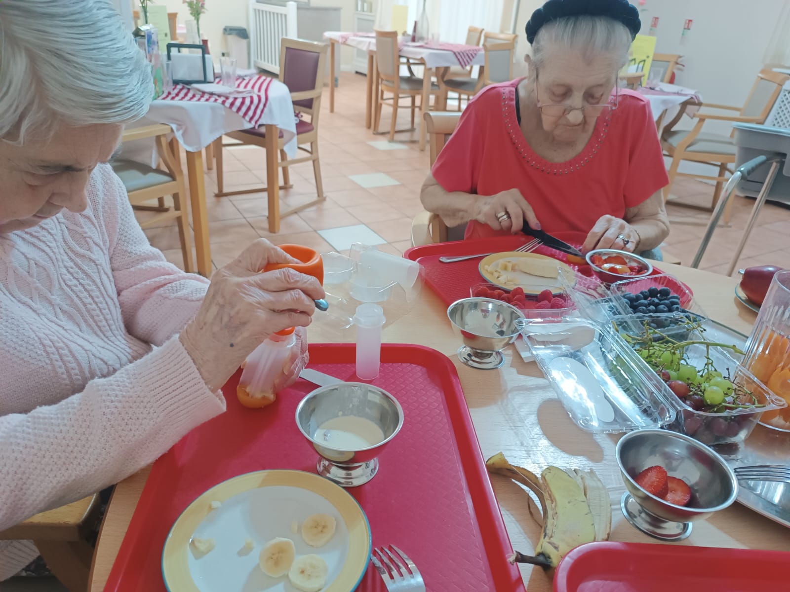 Two elderly women enjoying a healthy lunch.