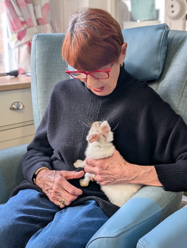 Woman sat on a chair looking down at a rabbit sat on her lap