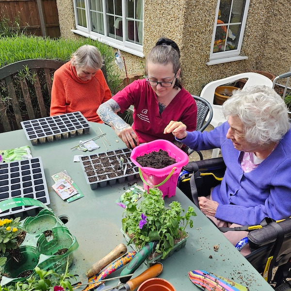 People sat at a table outside sewing seeds