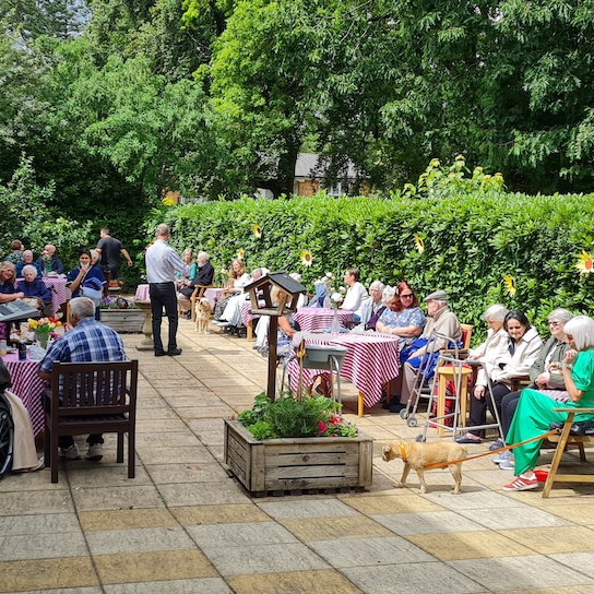 People enjoying a garden party in the sunshine