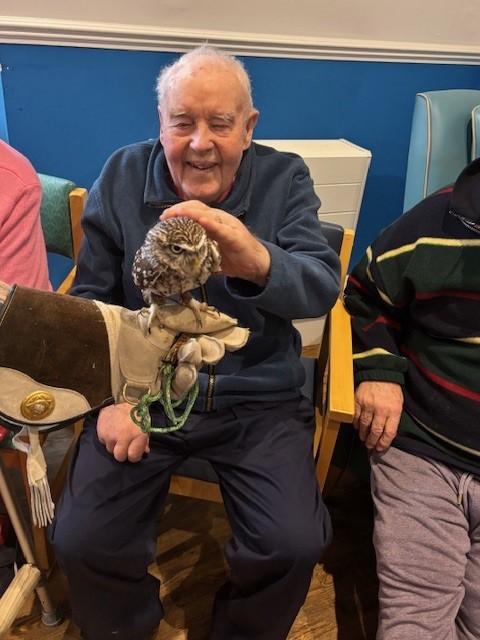 An older gentleman sat in a chair stroking an owl being held by a handler