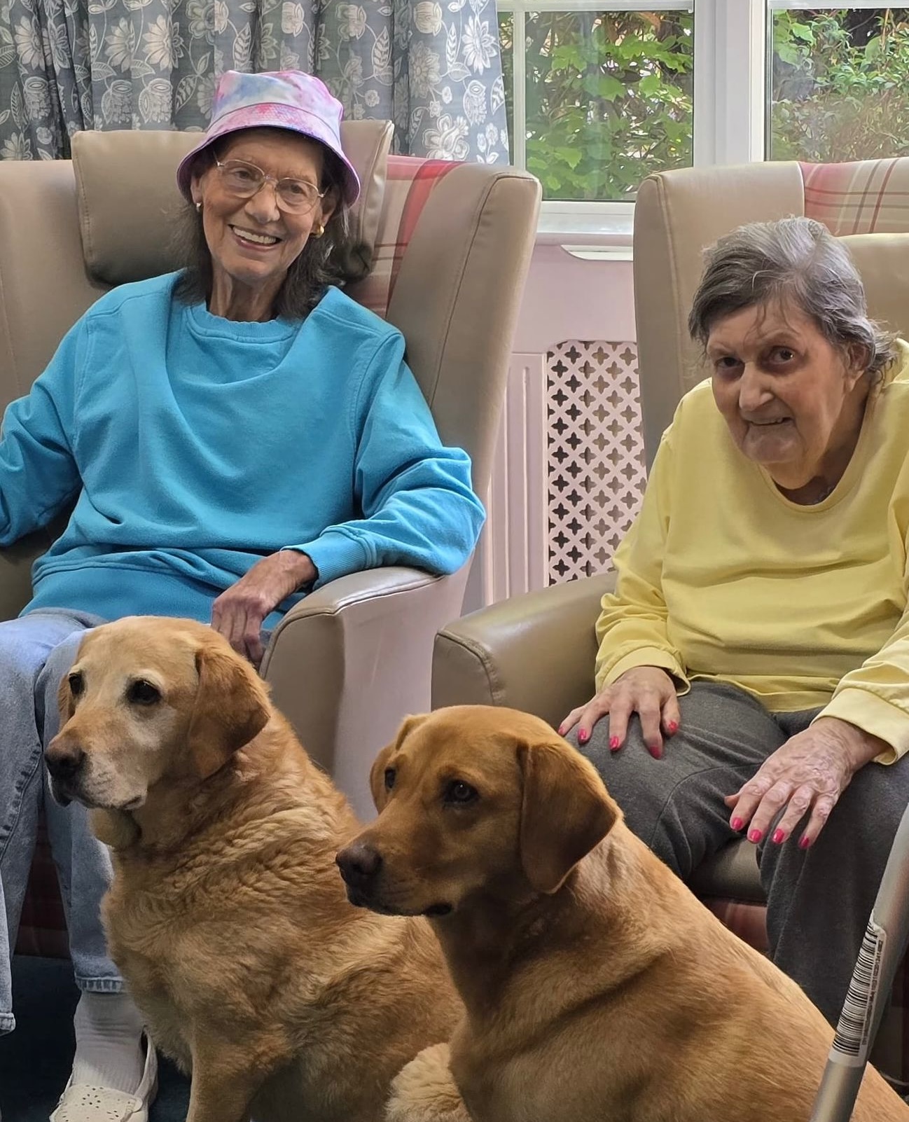 Two elderly women with therapy dogs